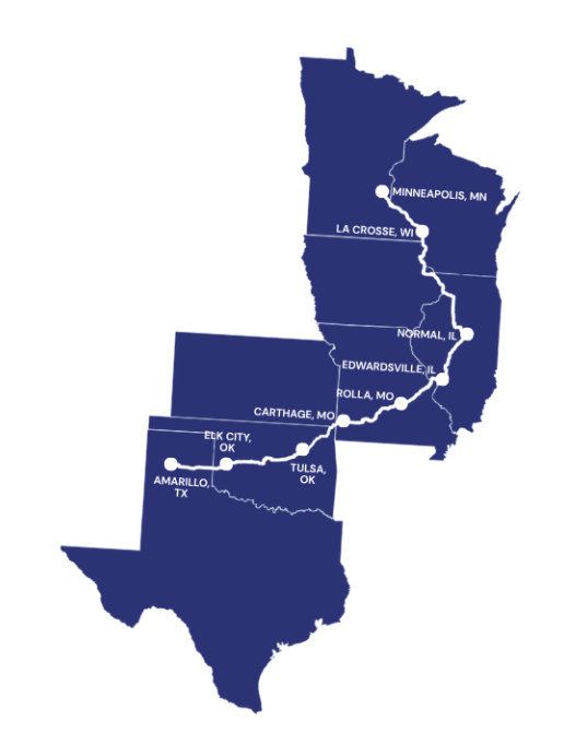 Figure 16. 2026 American Solar Challenge route — Minneapolis, MN to Amarillo, TX